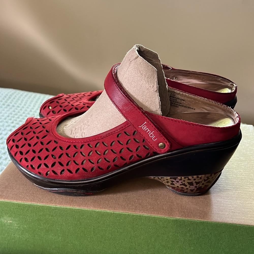 Jambu Red Mules with Perforated Design and Ankle Strap - Picture 4 of 6